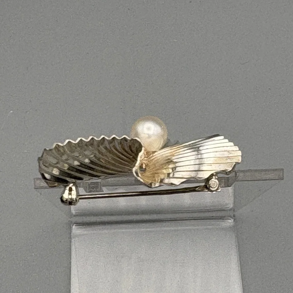 Vintage Sterling Silver 925 Brooch Pin with Cultured Pearl Flower Fluted MCM
